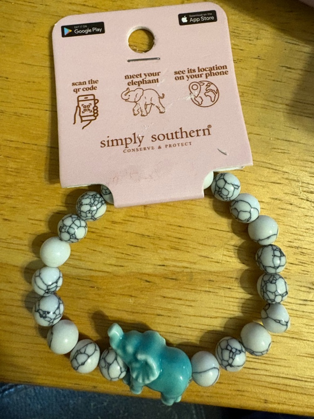 Simply Southern White Marble Beaded Bracelet with Turquoise Elephant